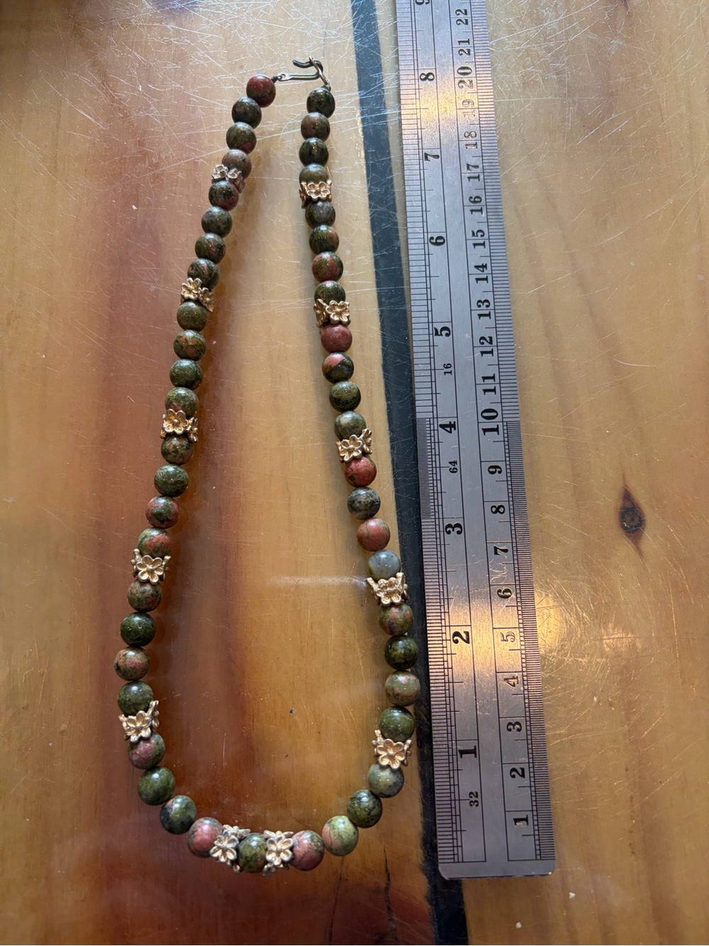Estate Green and Pink Stone Bead Necklace with Gold Flower Spacers-Vintage